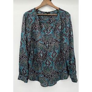 Talbots Blouse Pintuck Detail Green Blue Print Classic Career Paisley Maximalist